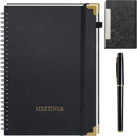 3 pcs Meeting Notebook for Work, This Comes with a Pen and a Business Card Holder, Pu Leather, Notebook for Meetings, Black and Gold Metal Corner 7”x10 Inch, Business Planner, Meetings