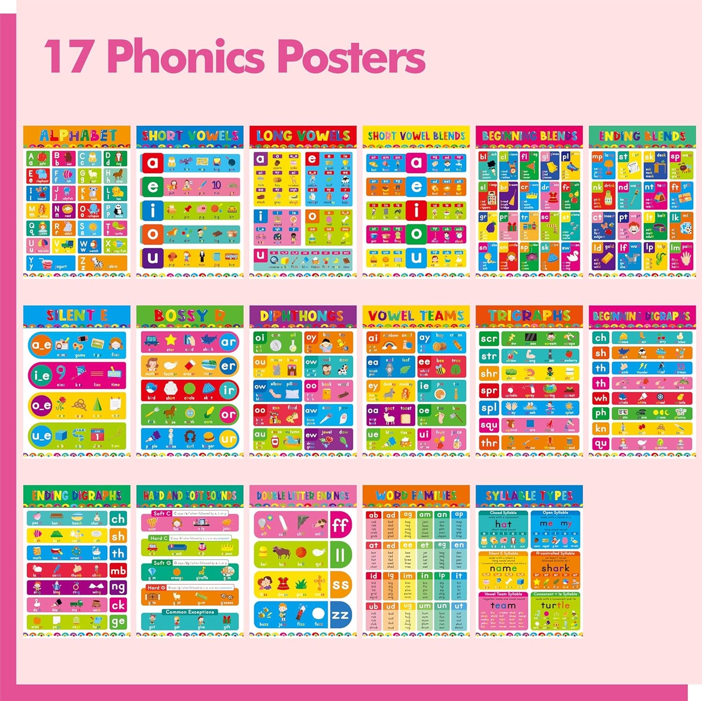17 English Phonics Posters, Language Education Charts, Learning Vowels, Alphabet Posters, PET Film Covered Phonics Learning Tool For Kindergarten Classroom, Bulletin Board, Kids’ Room, 11”x16”