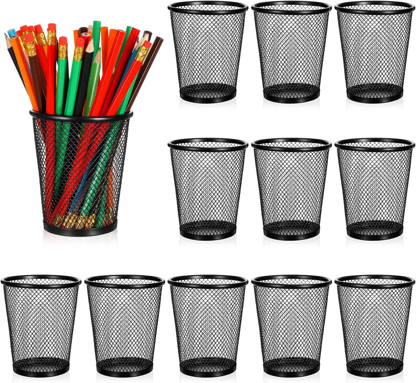 24 Pack Mesh Pen Holders, Bulk Metal Desk Organizer Pencil Cups, Round Premium Black Pencil Holders with Open Mesh Design for Home, Office Supplies, Makeup Brushes