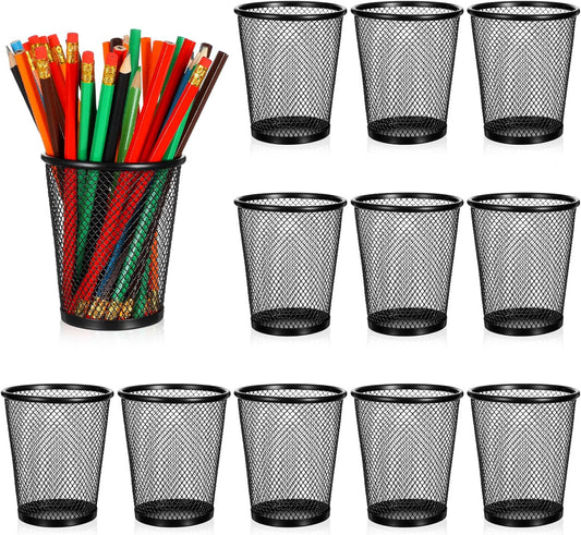 24 Pack Mesh Pen Holders, Bulk Metal Desk Organizer Pencil Cups, Round Premium Black Pencil Holders with Open Mesh Design for Home, Office Supplies, Makeup Brushes