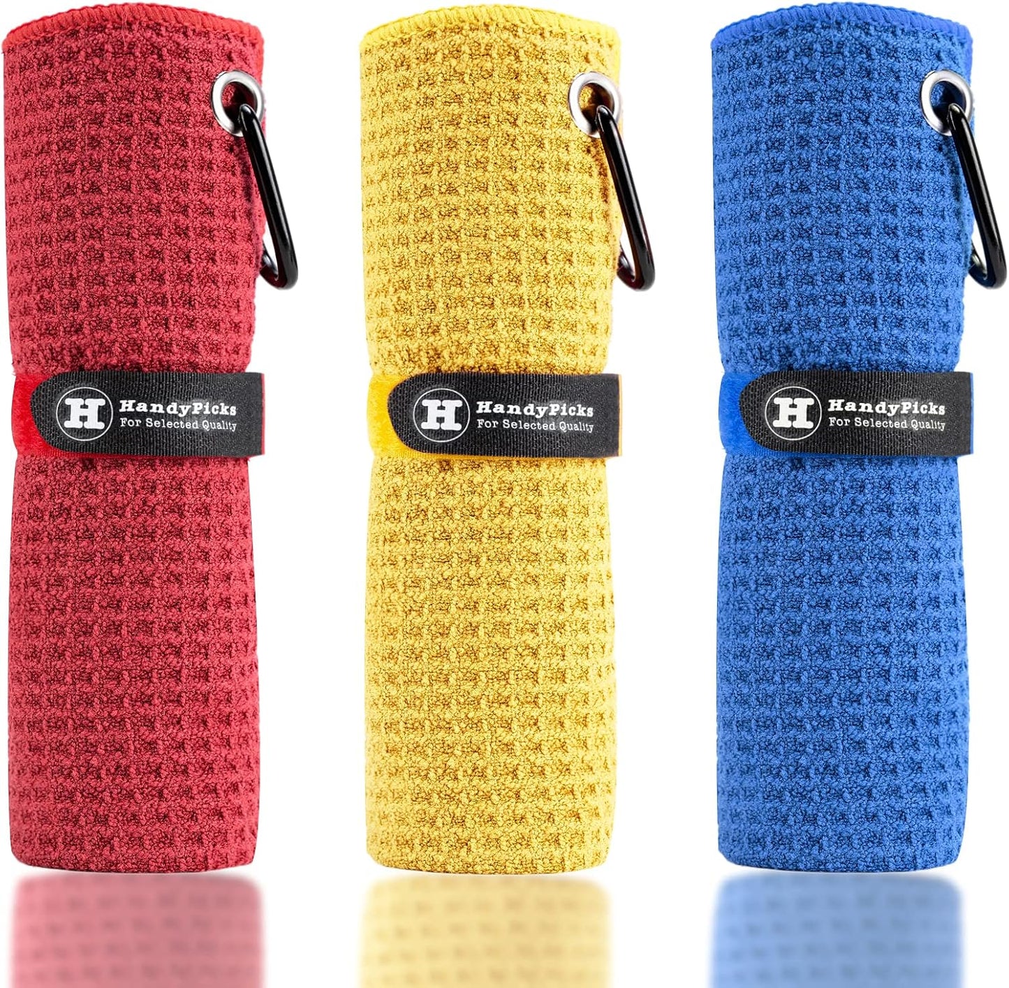 Handy Picks Microfiber Golf Towel (16" X 16") with Carabiner Clip, Waffle Pattern Golf Towel Hook and Loop Fastener - The Convenient Golf Cleaning Towel
