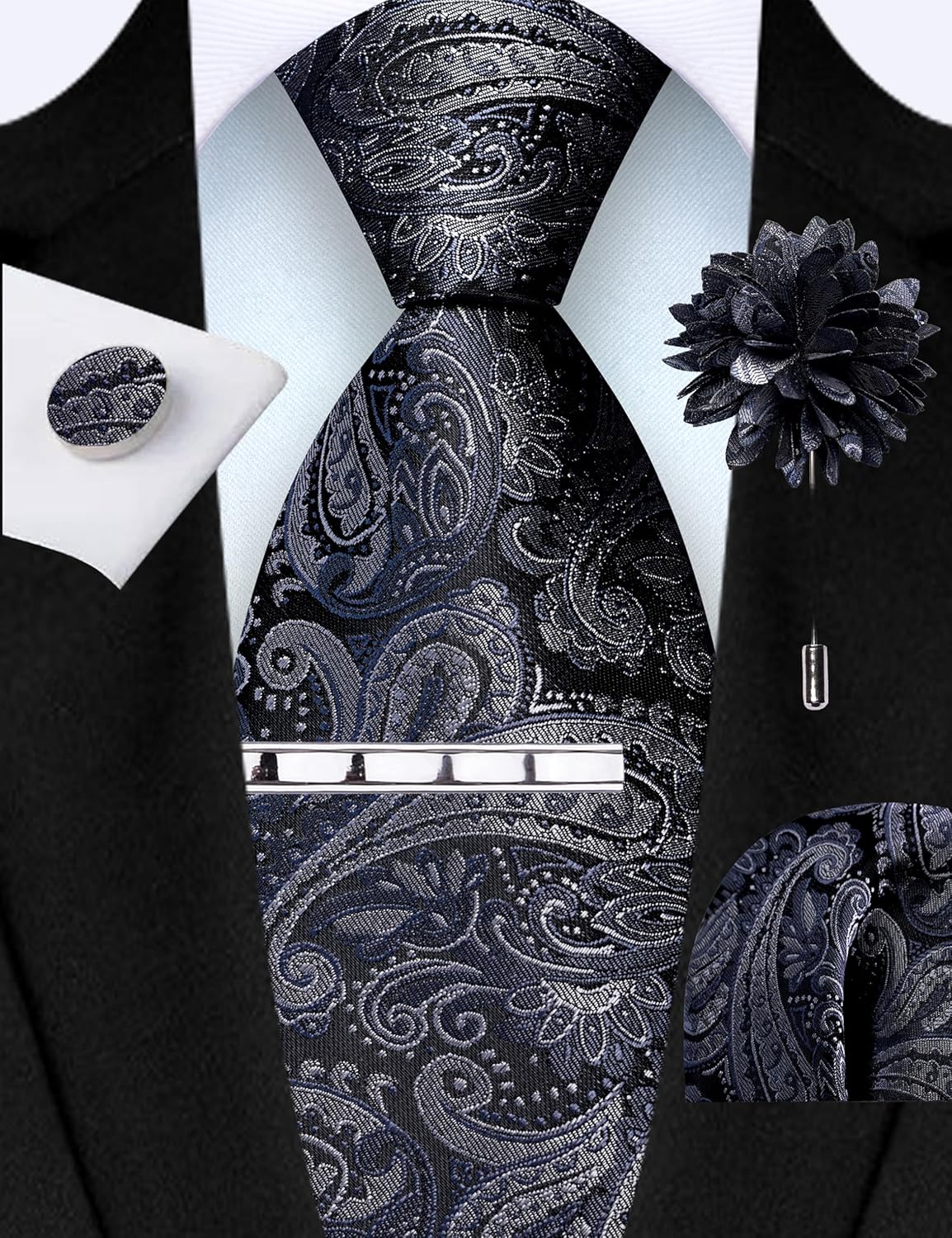 GUSLESON Tie Set for Men Necktie and Pocket Square,Tie Clip,Cufflinks, Lapel Pin Sets with Gift Box 5PCS