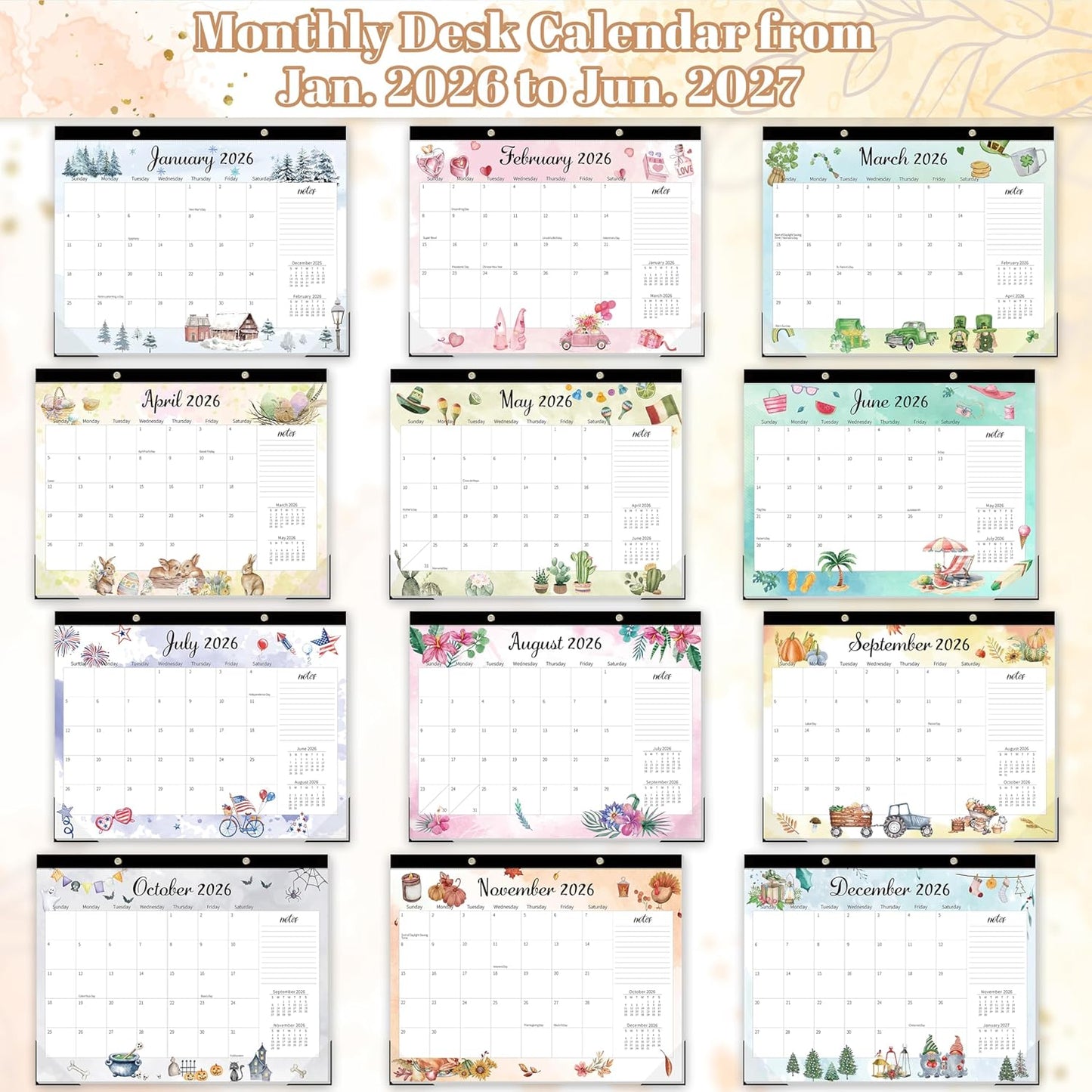 GuassLee Monthly Large Desk Calendar 2026-2027 - 18 Months 22" x 17" Calendar from Jan. 2026 to Jun. 2027, Large Monthly Planner with Holiday Watercolor Design for Office School Home Organizing