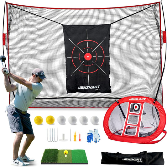 10x7ft Golf Practice Net with Chipping Target, Foldable Mat, 8 Tees & 6 Balls – All-in-One Golf Hitting Net for Backyard, Indoor Outdoor Use, Includes Carry Bag for Easy Storage