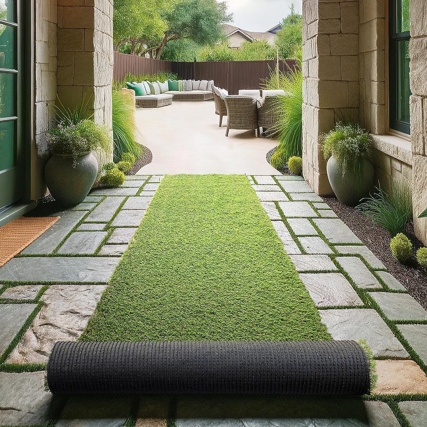 Ottomanson 2'7" x 38' Artificial Faux Grass Rug - Realistic Turf with UV Protection - Perforated for Easy Drainage - Durable, Hose-Off Synthetic Lawn Carpet for Indoor & Outdoor Use, Green