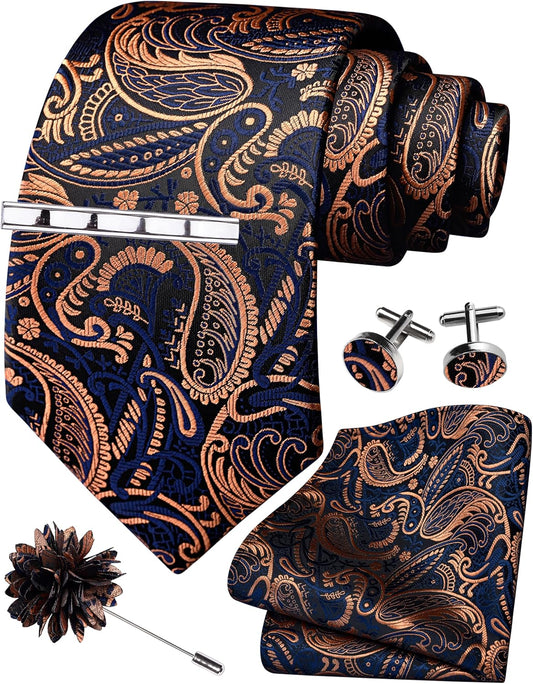GUSLESON Tie Set for Men Necktie and Pocket Square,Tie Clip,Cufflinks, Lapel Pin Sets with Gift Box 5PCS