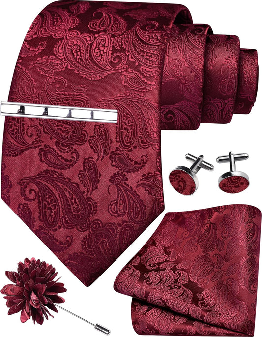 GUSLESON Tie Set for Men Necktie and Pocket Square,Tie Clip,Cufflinks, Lapel Pin Sets with Gift Box 5PCS