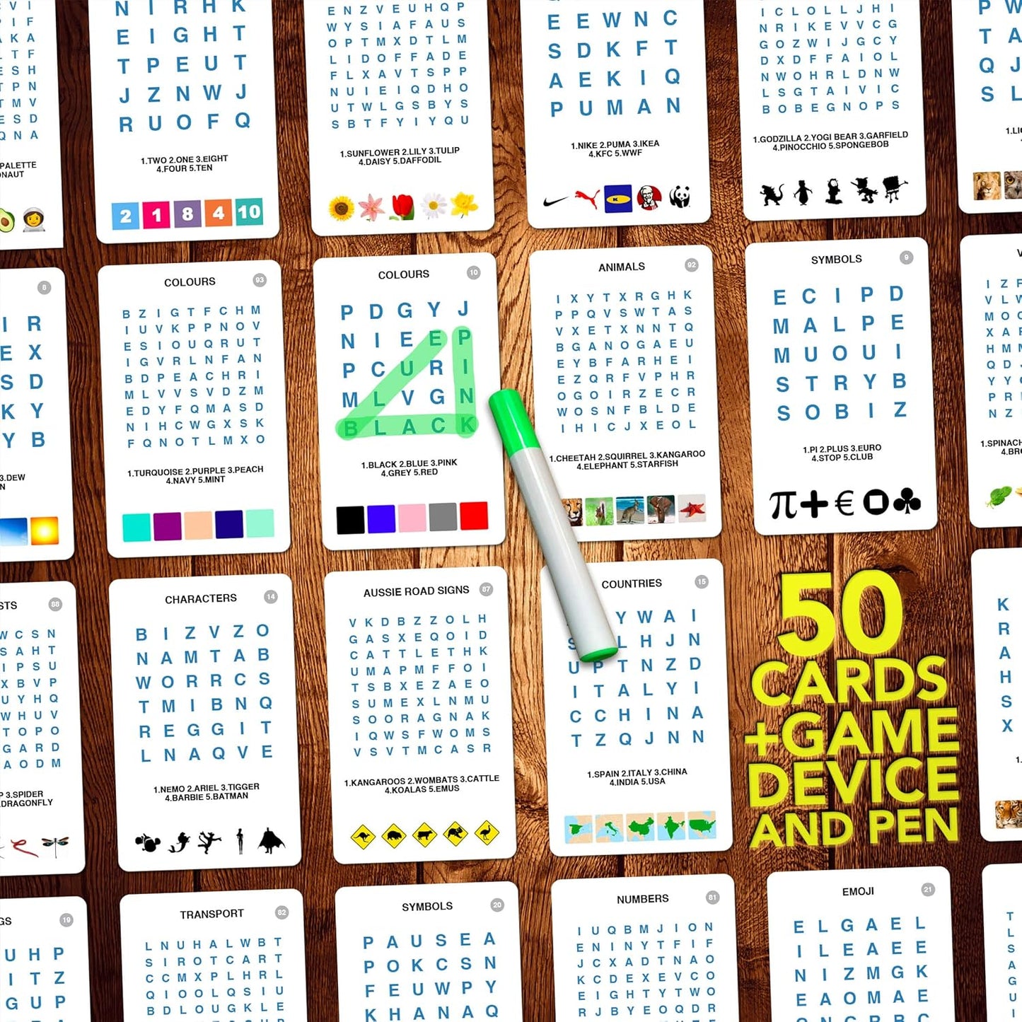 100 PICS Word Search Travel Game - 100 Puzzles with Picture Clues | 50 Wipe Clean Cards with Slide Reveal case and Pen | Activity, Gift, Stocking Stuffer | for Kids and Adults, Age 6+