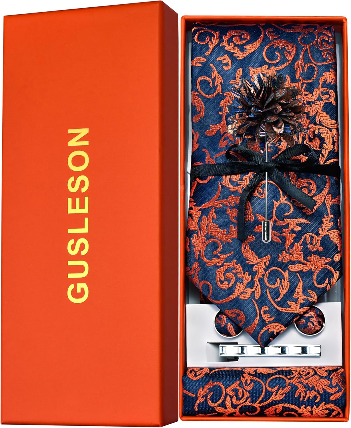 GUSLESON Tie Set for Men Necktie and Pocket Square,Tie Clip,Cufflinks, Lapel Pin Sets with Gift Box 5PCS