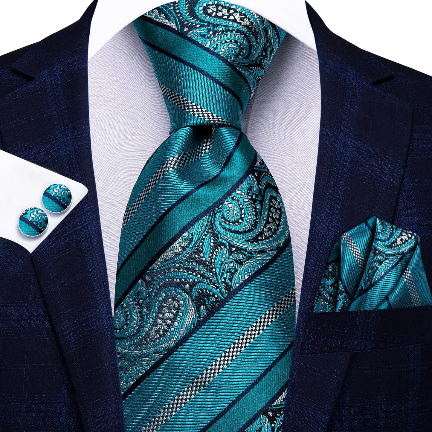 Hi-Tie Men 63inches Tie Set Extra Long Necktie Paisley Tie Pocket Suqare Cufflinks Big and Tall Men Tie