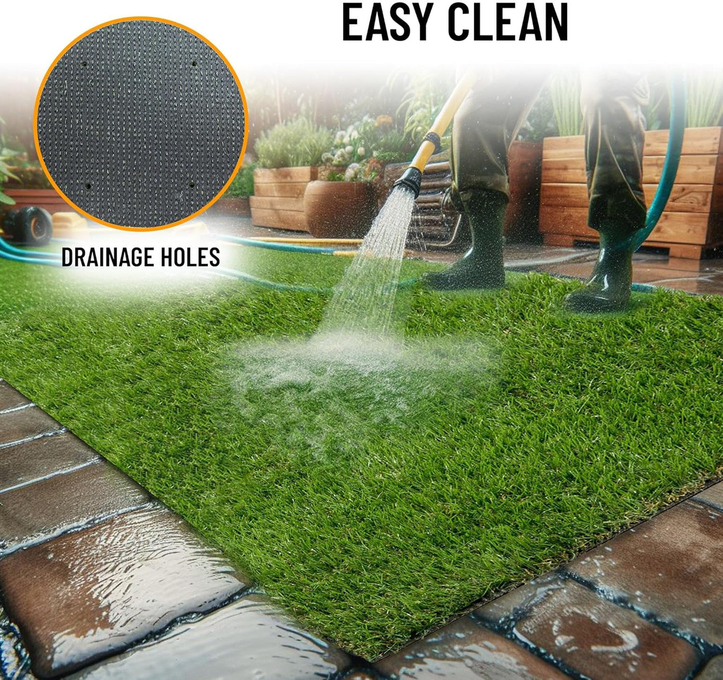 Ottomanson 2'7" x 4' Artificial Faux Grass Rug - Realistic Turf with UV Protection - Perforated for Easy Drainage - Durable, Hose-Off Synthetic Lawn Carpet for Indoor & Outdoor Use, Green