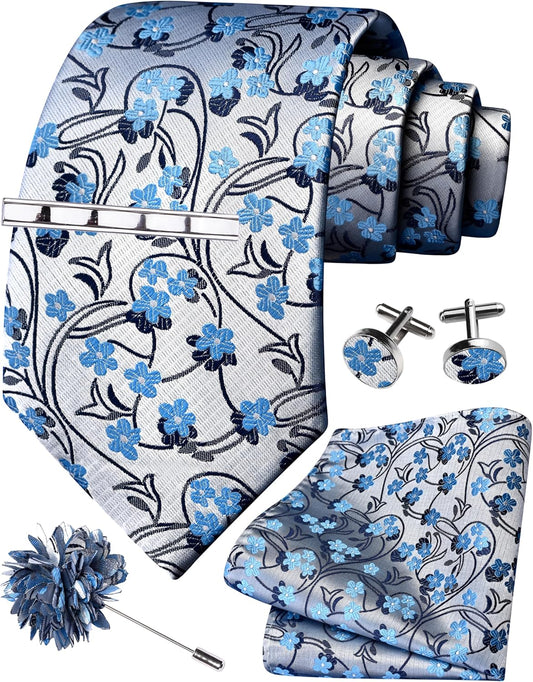 GUSLESON Tie Set for Men Necktie and Pocket Square,Tie Clip,Cufflinks, Lapel Pin Sets with Gift Box 5PCS