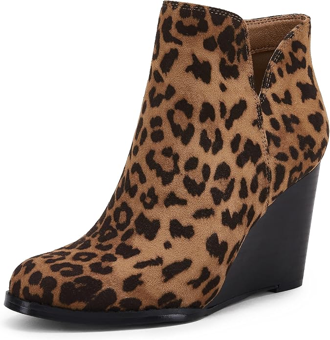 LAICIGO Womens V Cut Wedge Ankle Booties Zip-up Closed Toe Stacked Heel Faux by LAICIGO