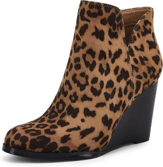 LAICIGO Womens V Cut Wedge Ankle Booties Zip-up Closed Toe Stacked Heel Faux by LAICIGO