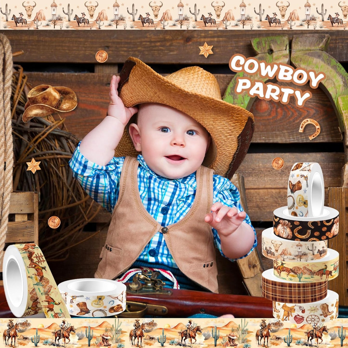 12 Pcs Western Cowboy Washi Tape Western Cowboy Masking Tape Western Cowboy Pattern Decorative Paper Sticker for Western Cowboy Party Holiday Scrapbook DIY Craft Gift Wrapping Handbook Sticker