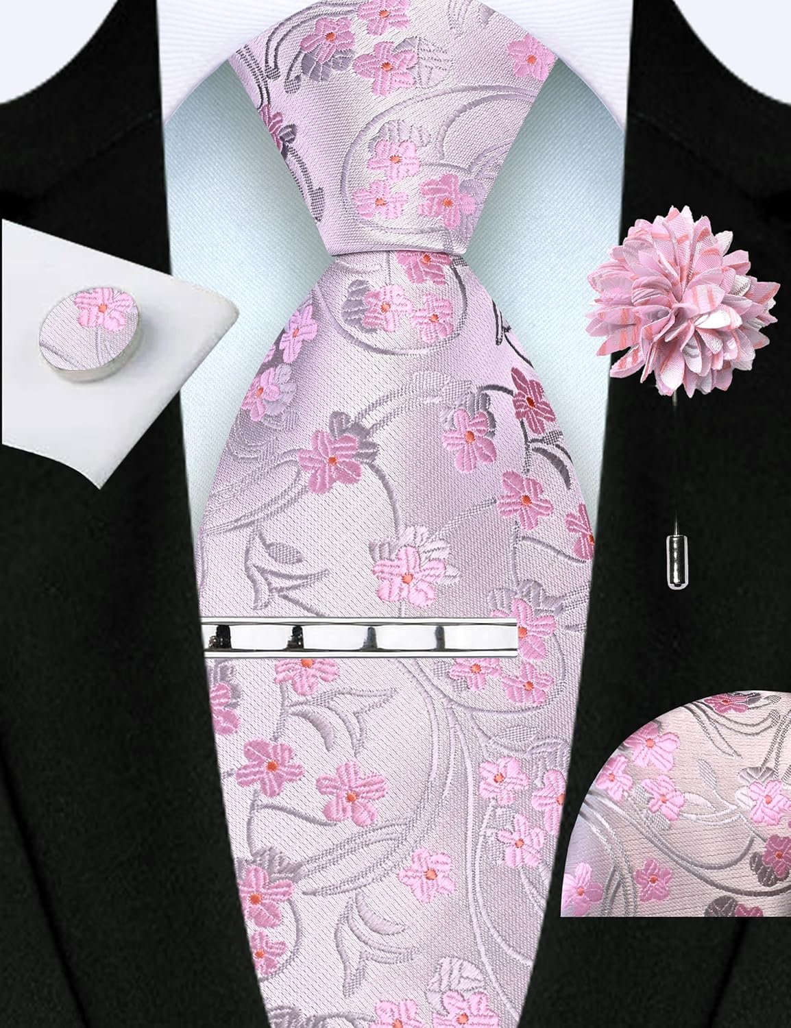 GUSLESON Tie Set for Men Necktie and Pocket Square,Tie Clip,Cufflinks, Lapel Pin Sets with Gift Box 5PCS