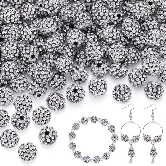 150pcs 10mm Rhinestone Beads for Jewelry Making, Black White Shiny Round Shamballa Disco Ball Beads, Sparkle Crystal Clay Christmas for Bracelet Baseball Necklace Earring Crafting and DIY