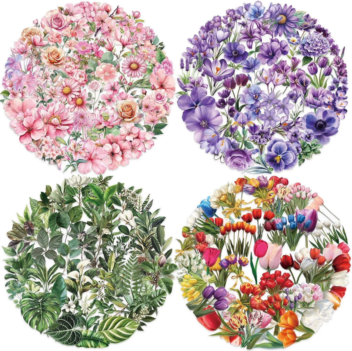 200 Pcs Natural Flower Stickers for Scrapbooking, Self-Adhesive Transparent Floral Stickers in 4 Colors, Journaling Supplies for Adult Card Making, Water Bottle Decoration(Natural Floral)