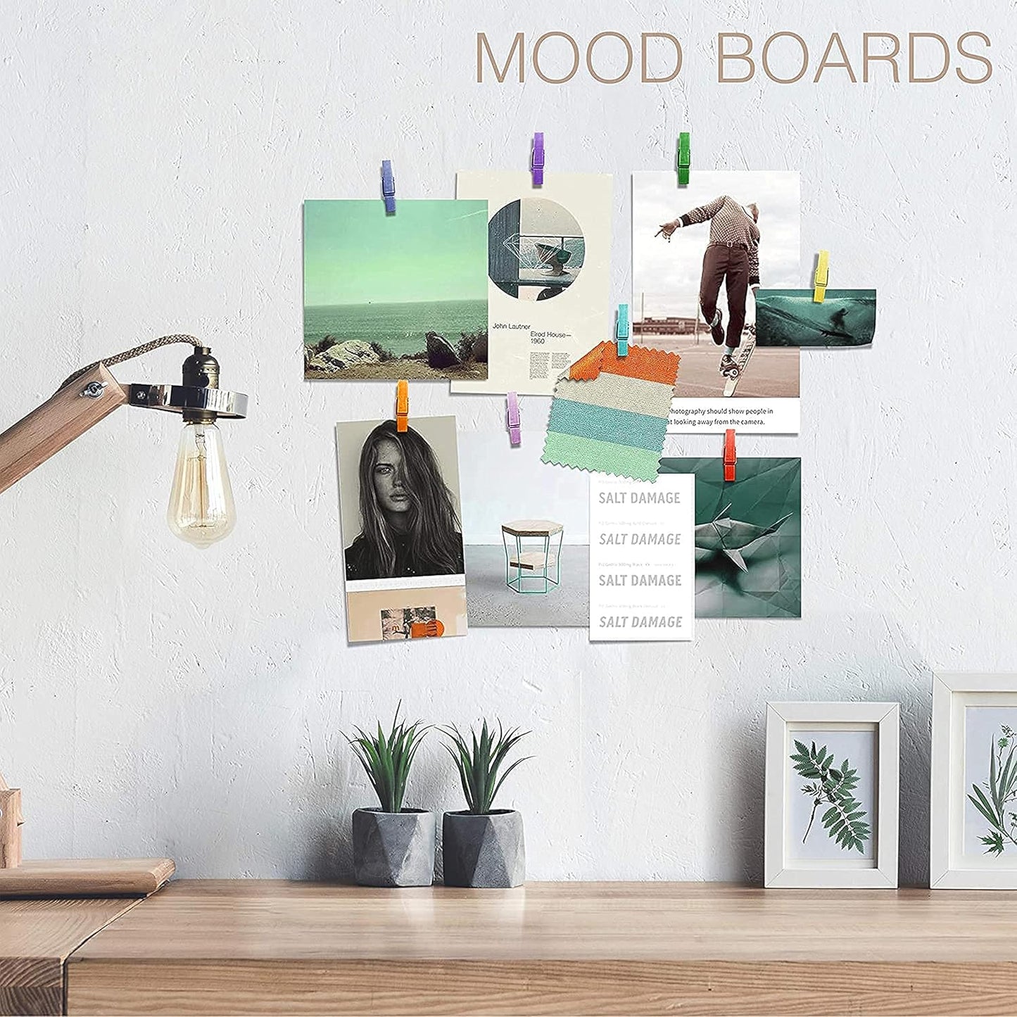 20 Pack Mini Self Adhesive Clips for Pictures - Mixed Colors Wood Clip Photo Holders for Wall, Poster Hanger, Photo Cards Hanging Display Board & Picture Boards, Artwork Photos Holders Card Room Decor