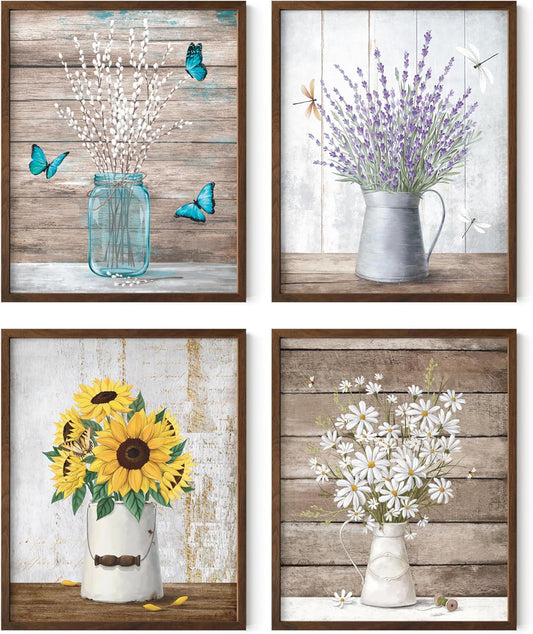 HAUS AND HUES Flower Wall Decor - Set of 4 Floral Art Prints, Framed Flower Paintings, Botanical Wall Art, Vintage Floral Pictures, Nature-Inspired Decor (Framed Walnut, 8x10)