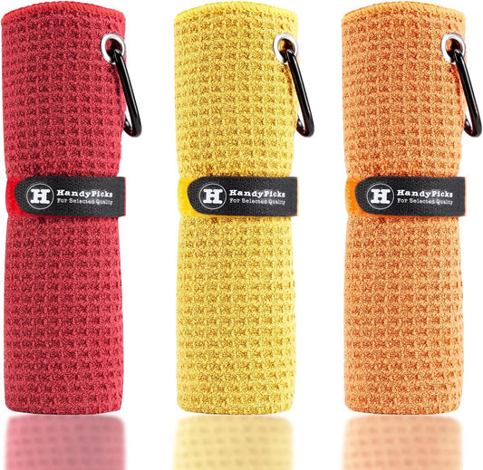 Handy Picks Microfiber Golf Towel (16" X 16") with Carabiner Clip, Waffle Pattern Golf Towel Hook and Loop Fastener - The Convenient Golf Cleaning Towel