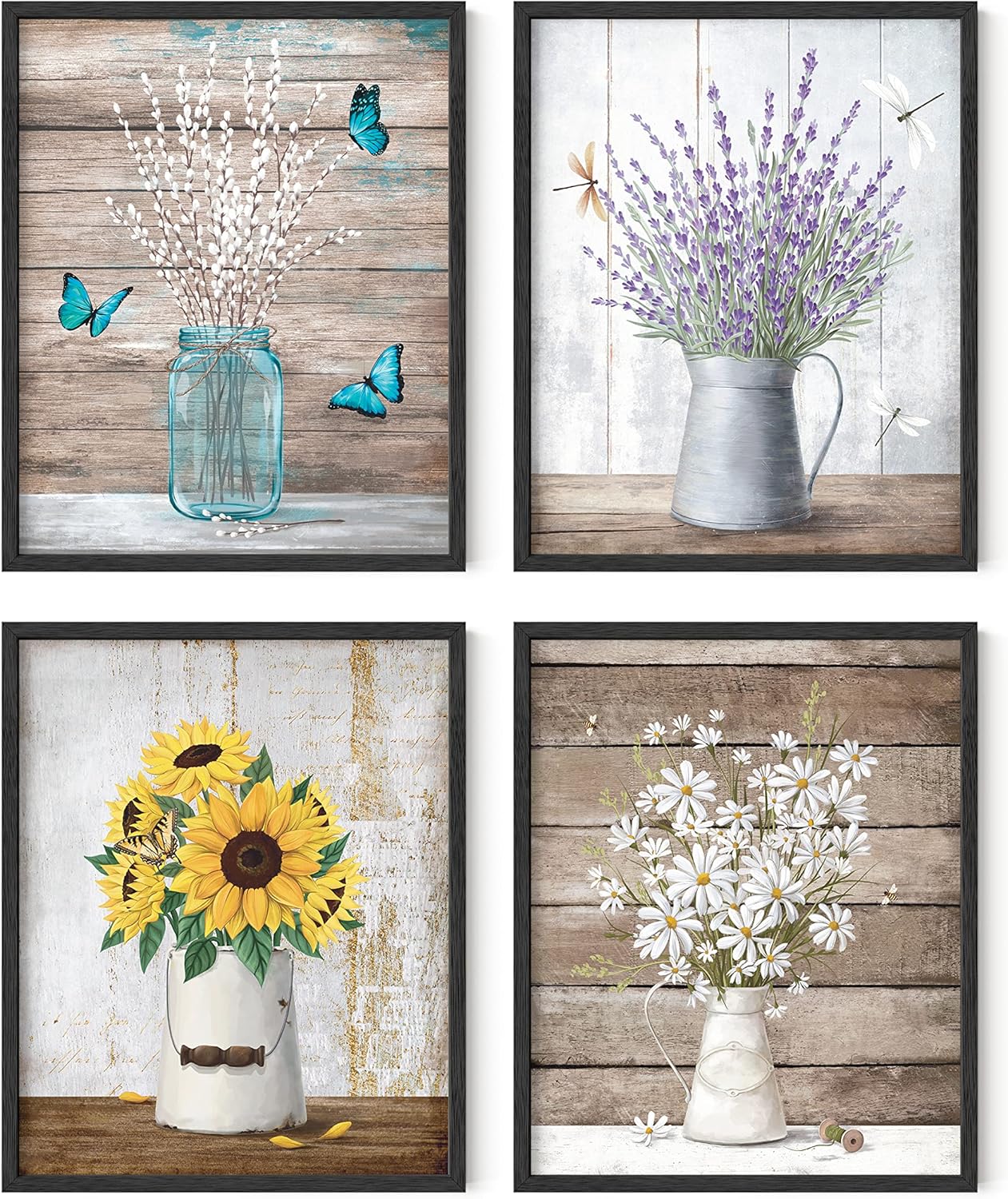 HAUS AND HUES Floral Prints - Set of 4, 8x10 Wall Art, Farmhouse Bouquets, Framed Metal Painting for Bathroom, Bedroom, Dorm, Kitchen, Living Room, Office