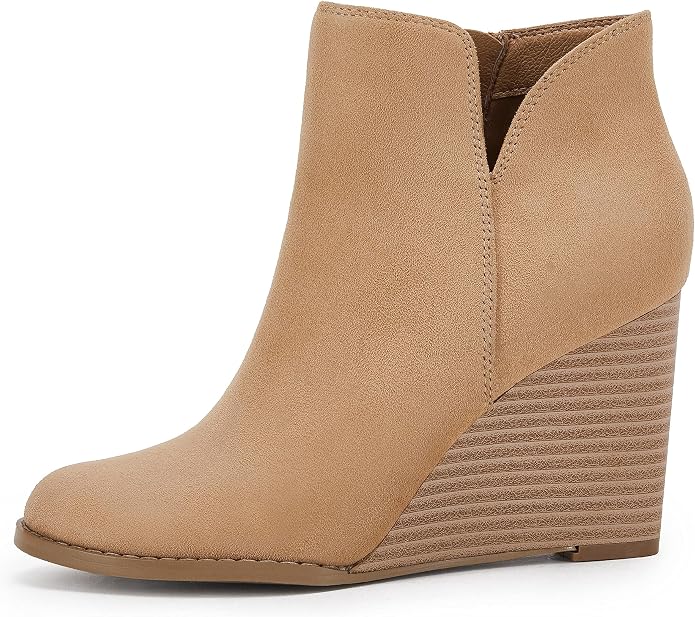 LAICIGO Womens V Cut Wedge Ankle Booties Zip-up Closed Toe Stacked Heel Faux - Image 2