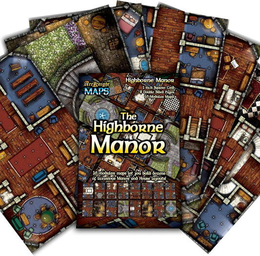 Arcknight The Highborne Manor Roleplaying Battlemaps; 16 Modular RPG Maps in 8 Double-Sided Pages, 1" Square Grid, Modular & Versatile Design for Tabletop Gaming - for Dungeons & Dragons, Pathfinder