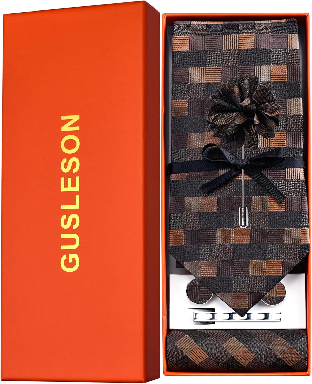 GUSLESON Tie Set for Men Necktie and Pocket Square,Tie Clip,Cufflinks, Lapel Pin Sets with Gift Box 5PCS