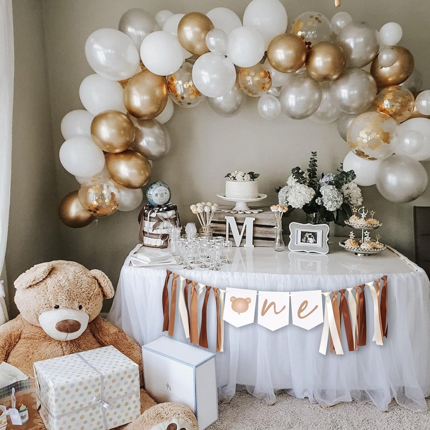 1 Year Old Birthday Banner - Baby Bear First Birthday High Chair Banner,Brown First Birthday Party Decorations,Bear First Birthday Party Supplies,Photo Prop for Baby (Bear theme banner brown)