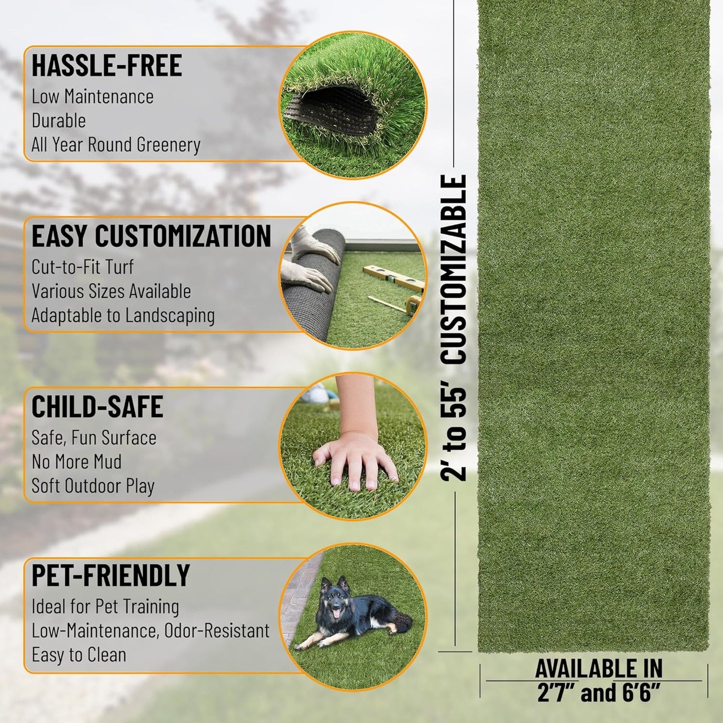 Ottomanson 6'6" x 18' Artificial Faux Grass Rug - Realistic Turf with UV Protection - Perforated for Easy Drainage - Durable, Hose-Off Synthetic Lawn Carpet for Indoor & Outdoor Use, Green