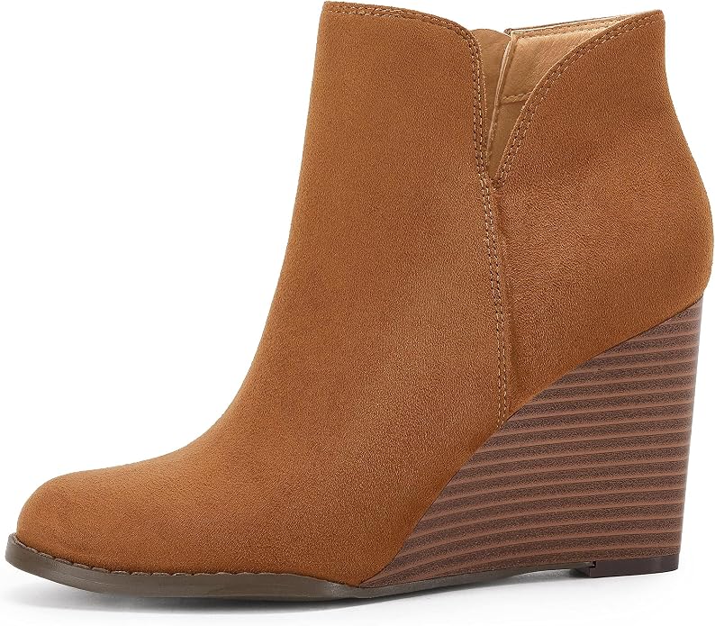 LAICIGO Womens V Cut Wedge Ankle Booties Zip-up Closed Toe Stacked Heel Faux - Image 4