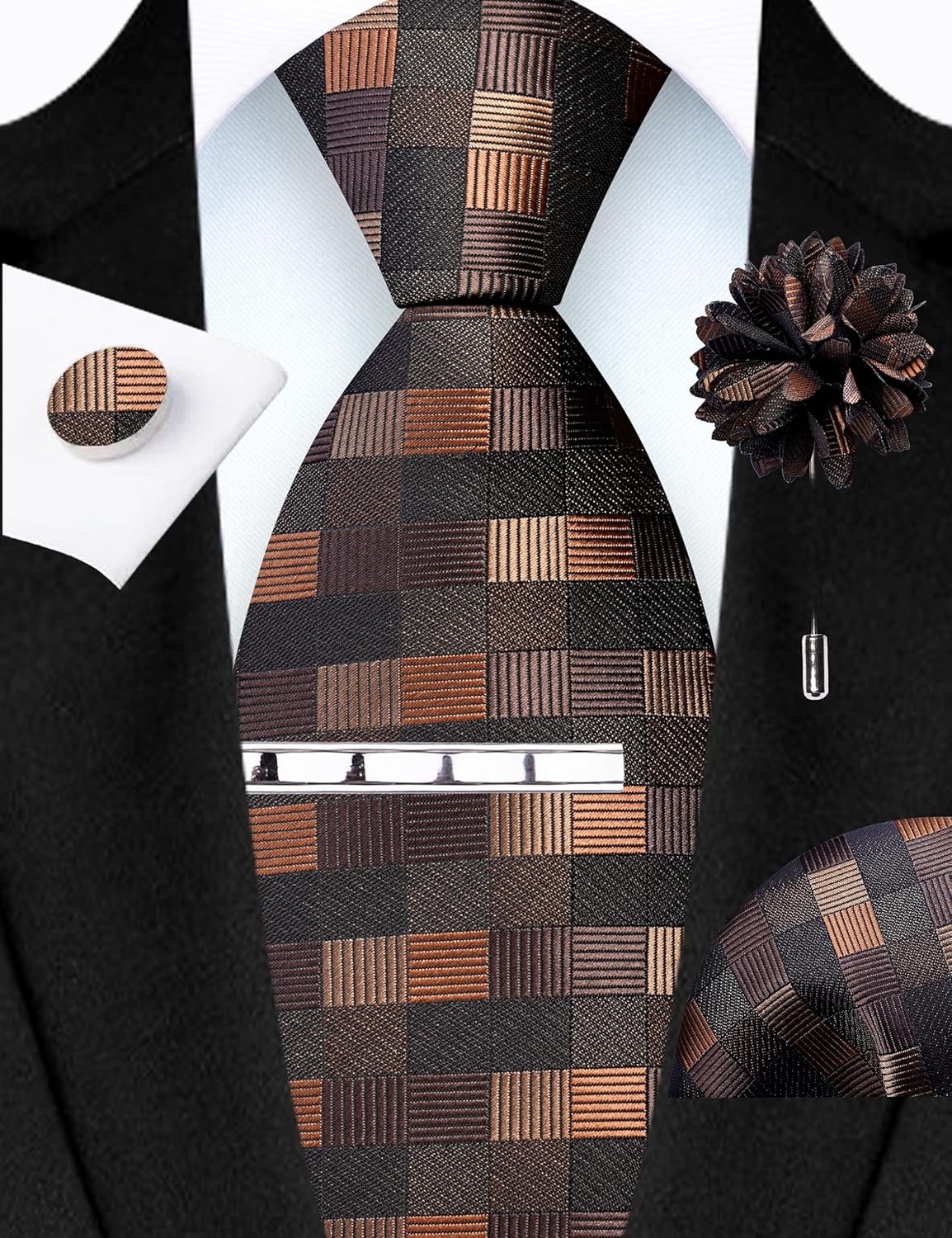 GUSLESON Tie Set for Men Necktie and Pocket Square,Tie Clip,Cufflinks, Lapel Pin Sets with Gift Box 5PCS