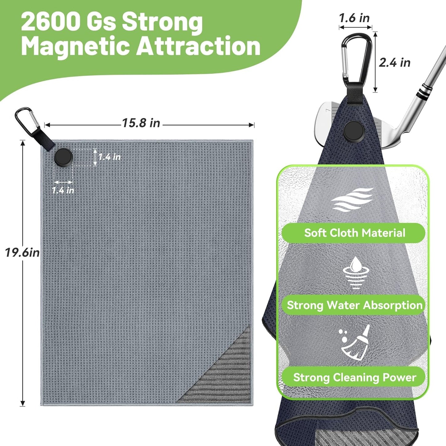 2 Pack Magnetic Golf Towels with Carabiner, Ultra Absorbent Microfiber, Wire Cleaning Cloth, Waffle Pattern Golf Towel with Magnet for Men Women, Golf Accessories for Golf Bags, Carts or Clubs
