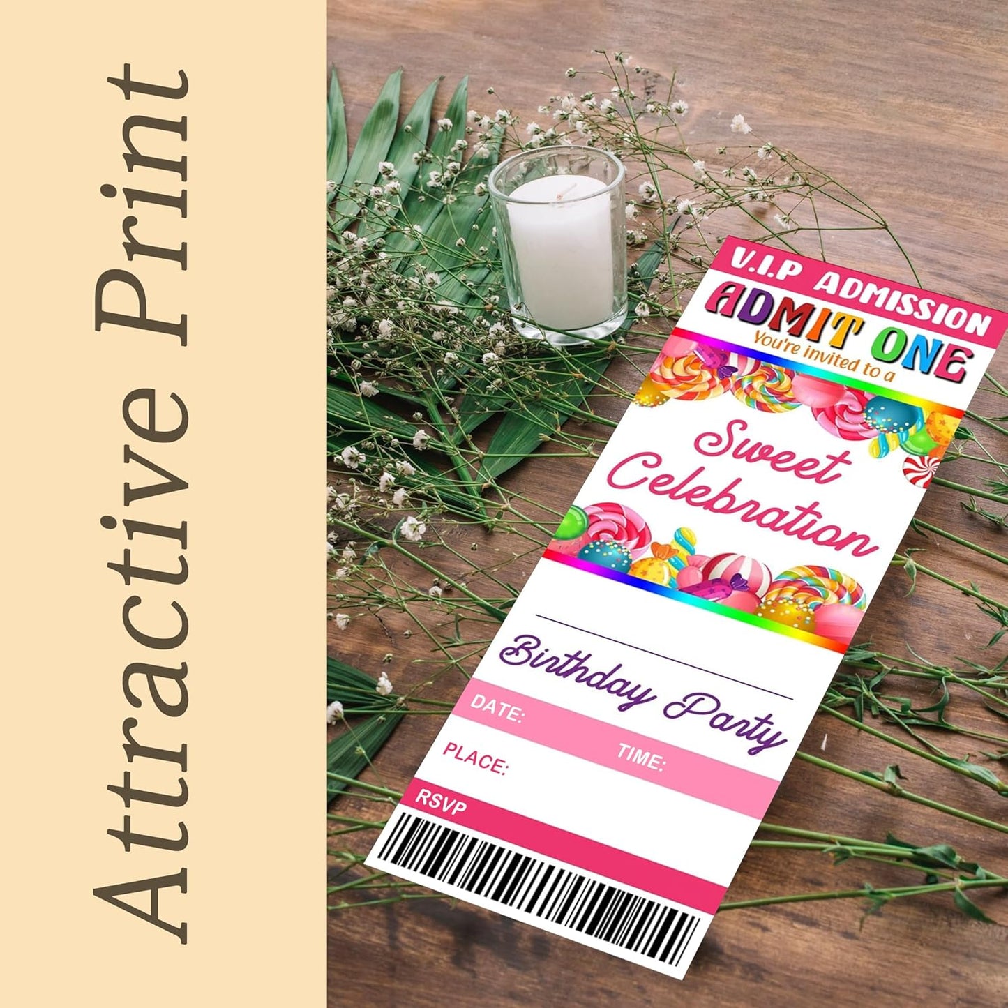 20 Candy Party Ticket Invite Cards-Sweet Celebration Birthday Invitation with Envelopes for Kids Girls Boys-Pink Candy Birthday Cards-Party Favor & Supplies (3×8 inch)-A26
