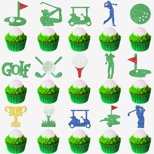 24pcs Golf Party Cupcake Toppers Golf Ball Cupcake Toppers Sticks Golf Birthday Party Decorations Sports Golf Theme Cake Picks for Golf Let's Partee Party Baby Shower Supplies