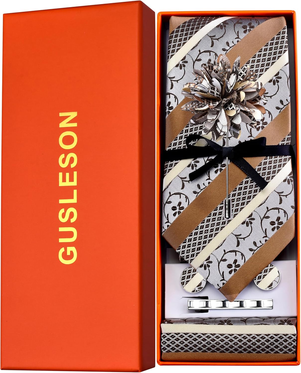 GUSLESON Tie Set for Men Necktie and Pocket Square,Tie Clip,Cufflinks, Lapel Pin Sets with Gift Box 5PCS