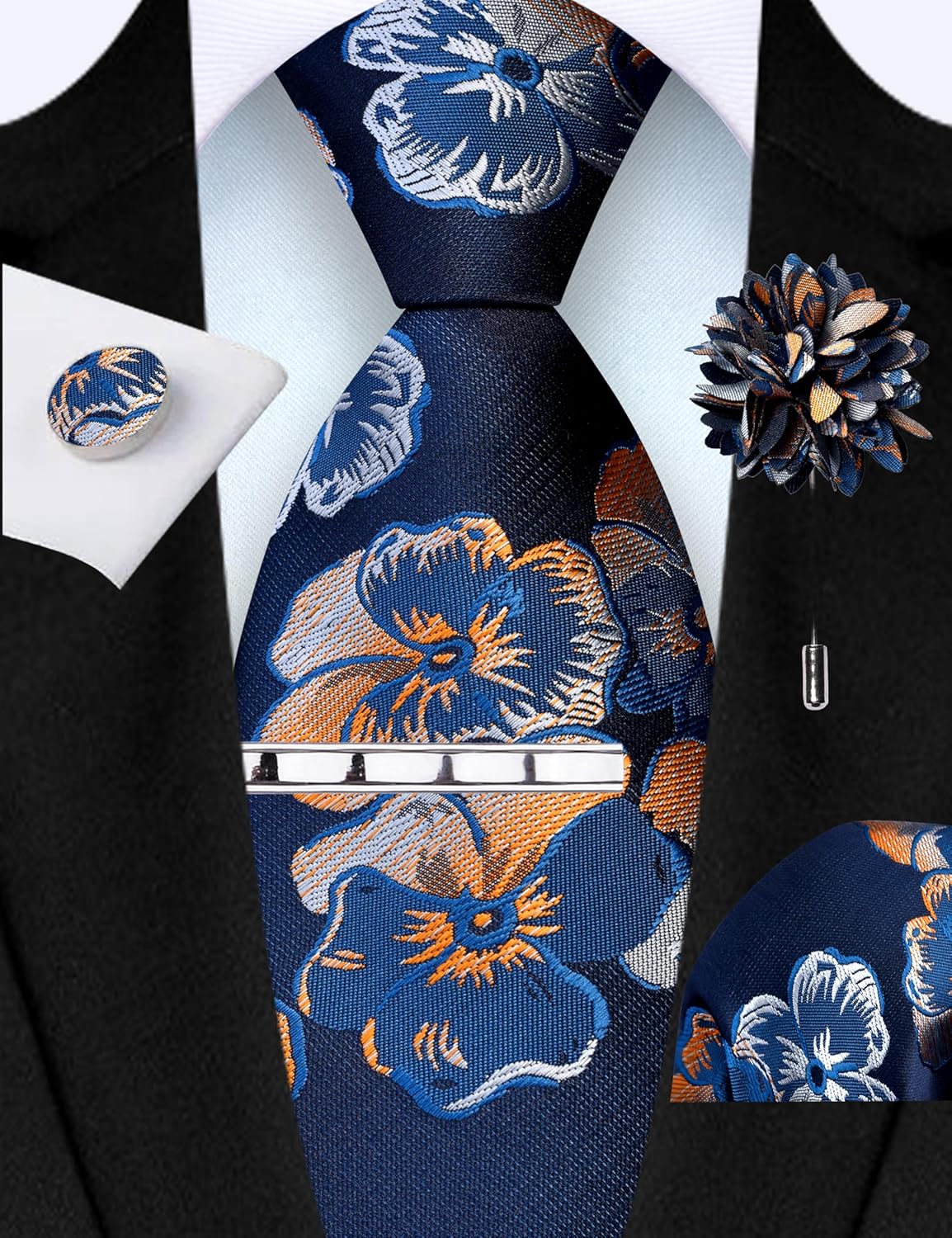 GUSLESON Tie Set for Men Necktie and Pocket Square,Tie Clip,Cufflinks, Lapel Pin Sets with Gift Box 5PCS