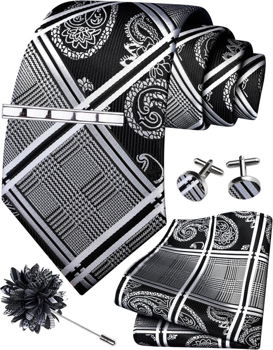 GUSLESON Tie Set for Men Necktie and Pocket Square,Tie Clip,Cufflinks, Lapel Pin Sets with Gift Box 5PCS
