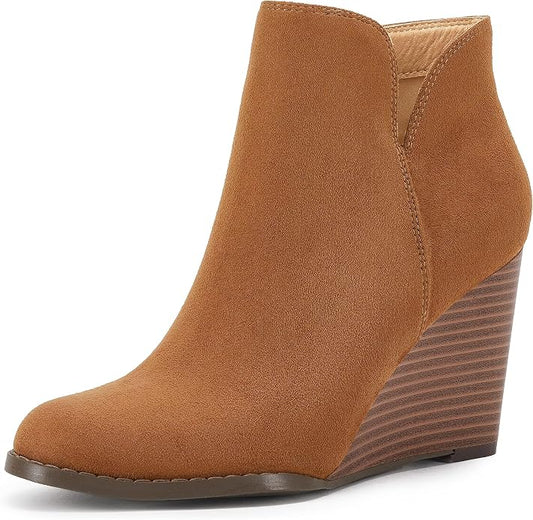 LAICIGO Womens V Cut Wedge Ankle Booties Zip-up Closed Toe Stacked Heel Faux by LAICIGO