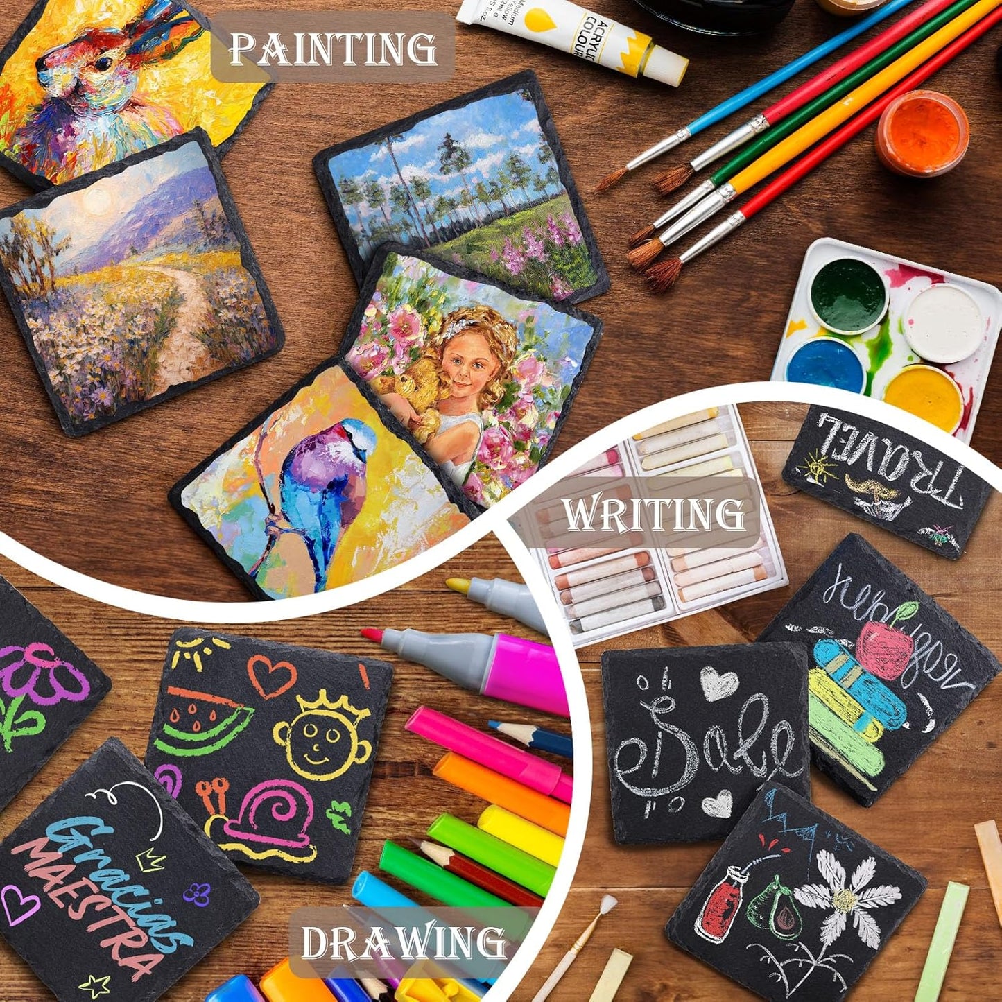 13 Pieces Slate Drink Coasters, GOH DODD 4 Inch Black Coasters Stone Coaster Set, Laser Engraving Blanks with Anti-Scratch Bottom for Home Office Bar Outdoor Housewarming Gifts Wedding Party, Round