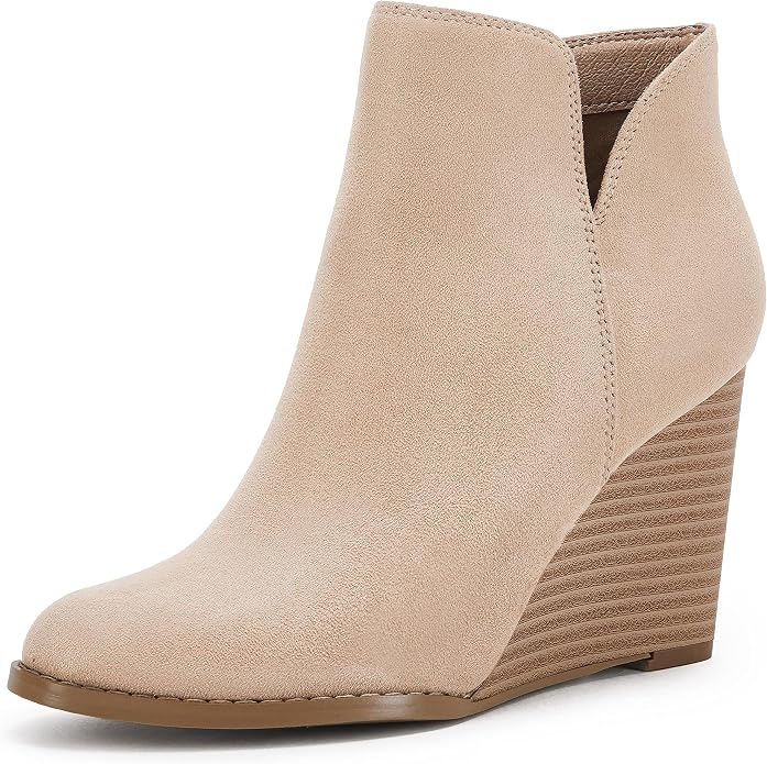 LAICIGO Womens V Cut Wedge Ankle Booties Zip-up Closed Toe Stacked Heel Faux by LAICIGO