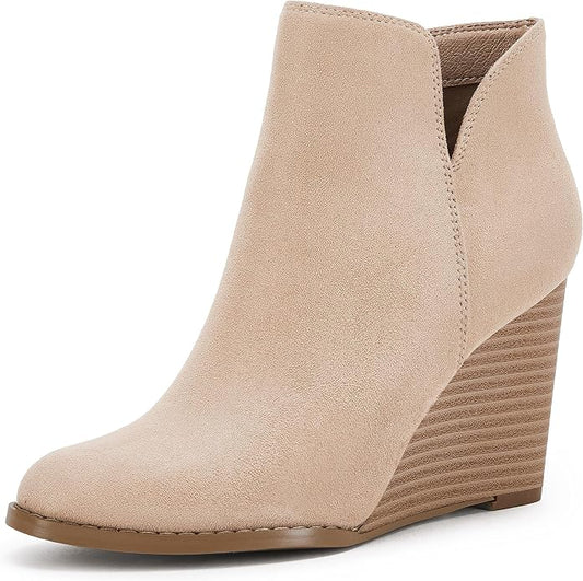 LAICIGO Womens V Cut Wedge Ankle Booties Zip-up Closed Toe Stacked Heel Faux by LAICIGO