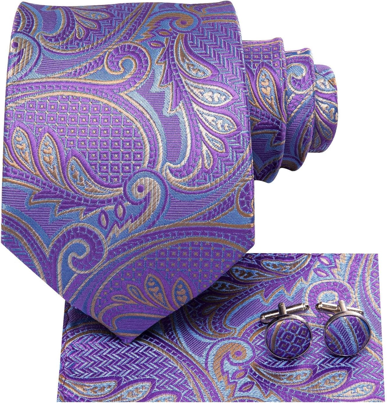 Hi-Tie Men 63inches Tie Set Extra Long Necktie Paisley Tie Pocket Suqare Cufflinks Big and Tall Men Tie