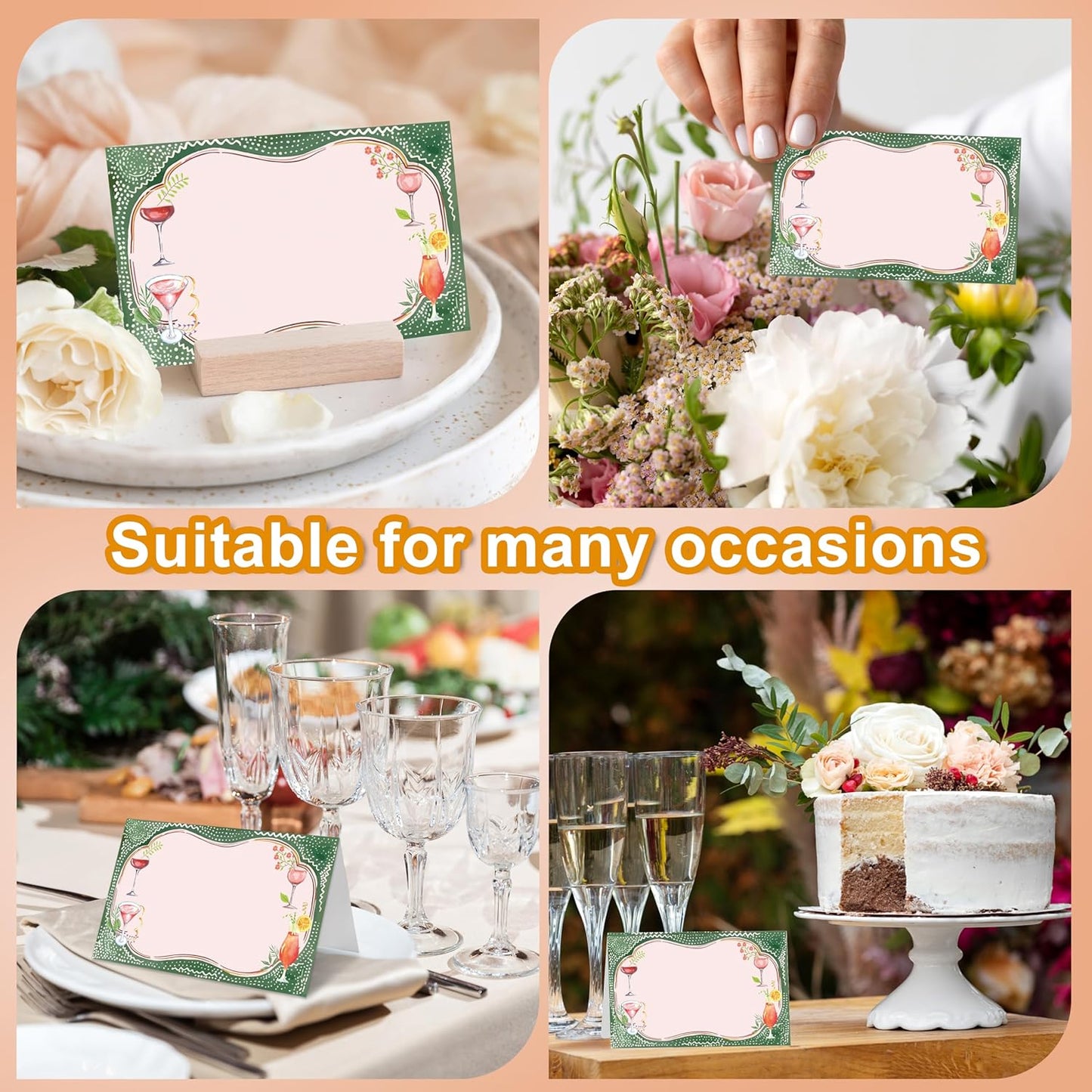 Holiday Cocktail Place Cards, Cocktail Glasses Table Place Cards For Table Setting, Green Name Cards For Birthday Party Baby Shower Girls Party Ladies Event Dinner Wedding, 25 Cards Included -08