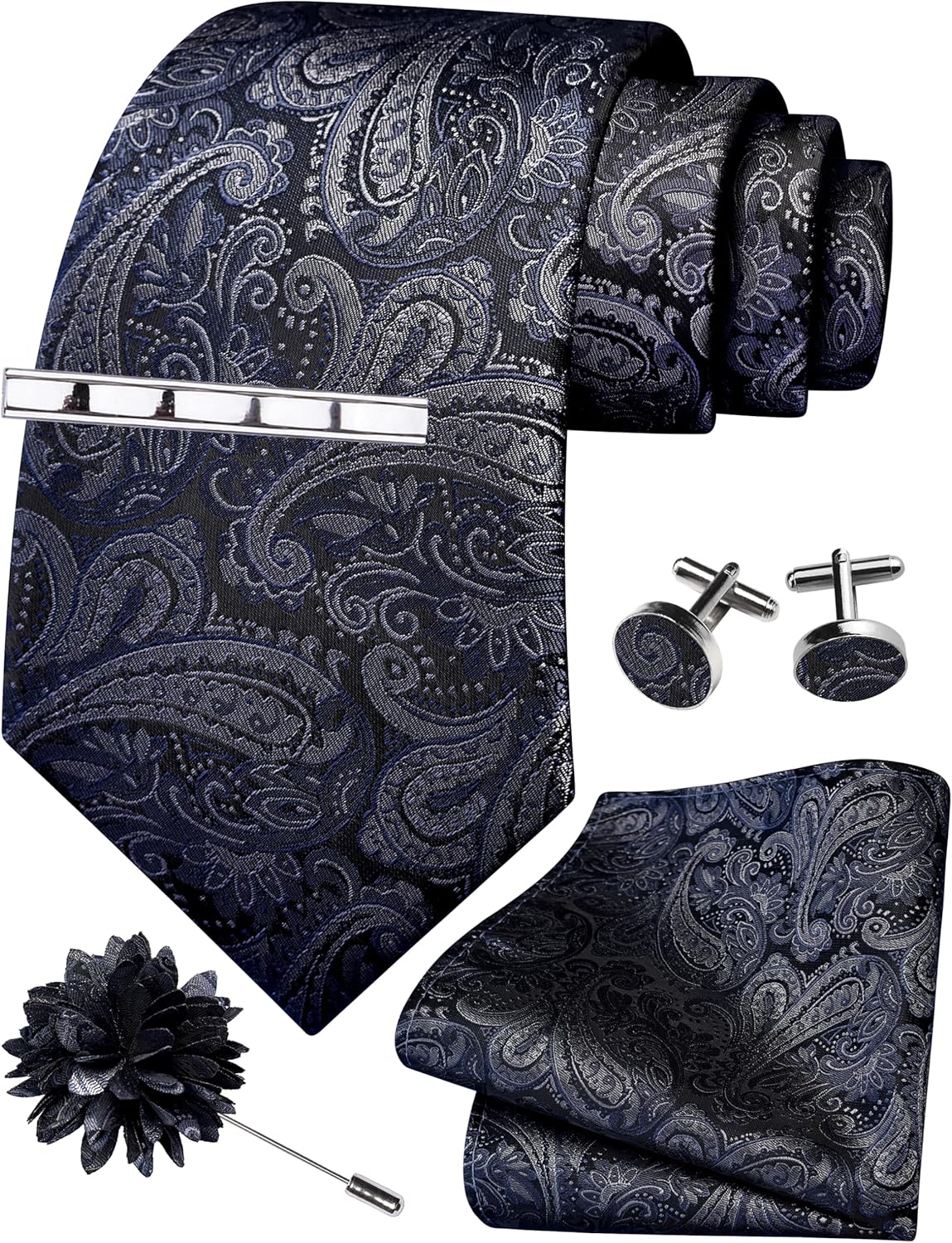 GUSLESON Tie Set for Men Necktie and Pocket Square,Tie Clip,Cufflinks, Lapel Pin Sets with Gift Box 5PCS