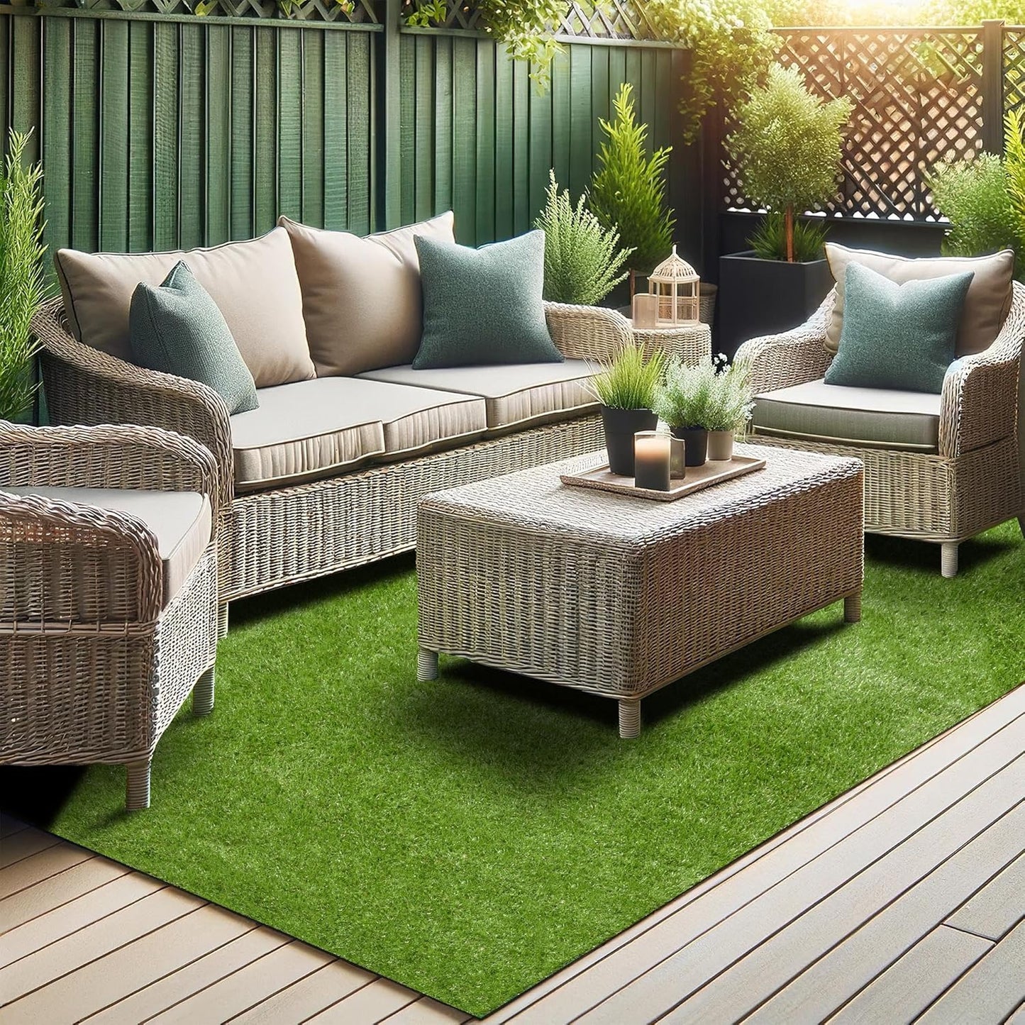 Ottomanson 6'6" x 28' Artificial Faux Grass Rug - Realistic Turf with UV Protection - Perforated for Easy Drainage - Durable, Hose-Off Synthetic Lawn Carpet for Indoor & Outdoor Use, Green