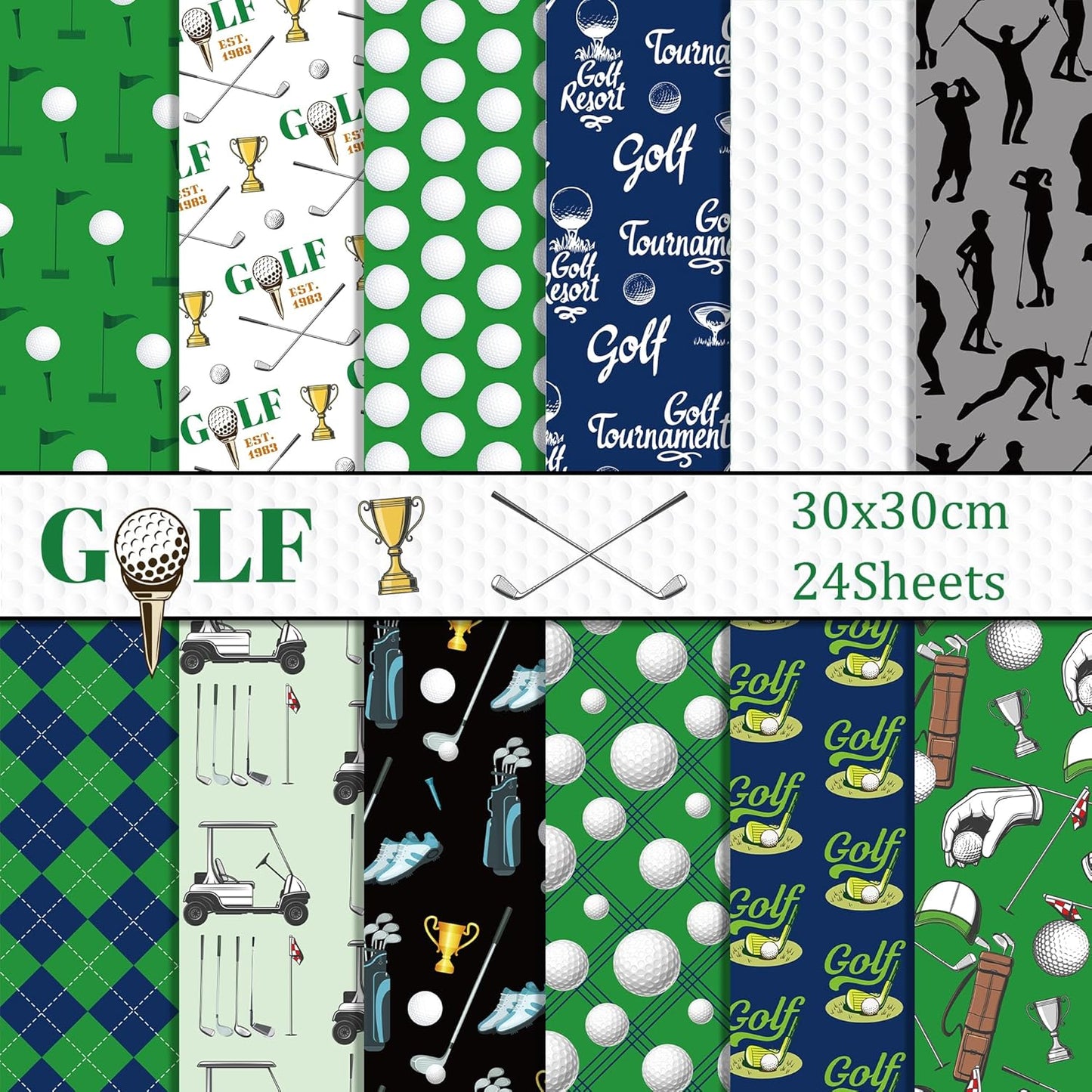 24 Sheet Golf Pattern Paper Golf Scrapbook Paper 12" x 12" Green White Golfs Ball Double-Sided Decorative Craft Papers Sports Golfing Scrapbooking Papers Golfs stickers for Scrapbooking Card Making