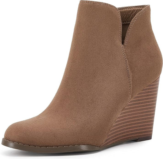 LAICIGO Womens V Cut Wedge Ankle Booties Zip-up Closed Toe Stacked Heel Faux by LAICIGO