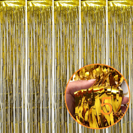5 Pck Golden Foil Curtain Backdrop Metallic Tinsel Foil Fringe Curtains Photo Booth Props for Birthday Wedding Engagement Bachelorette Christmas Holiday Celebration Party Decorations Supplies